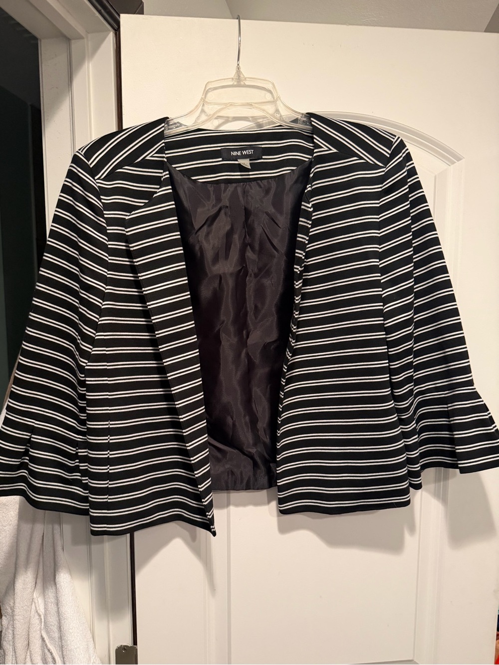 Nine West Black and White Striped Open-Front Blazer